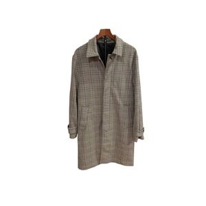 H&M Mens Glen Check Plaid Car Coat Tan Brown Black 42R Long Jacket luxury‎ Prep